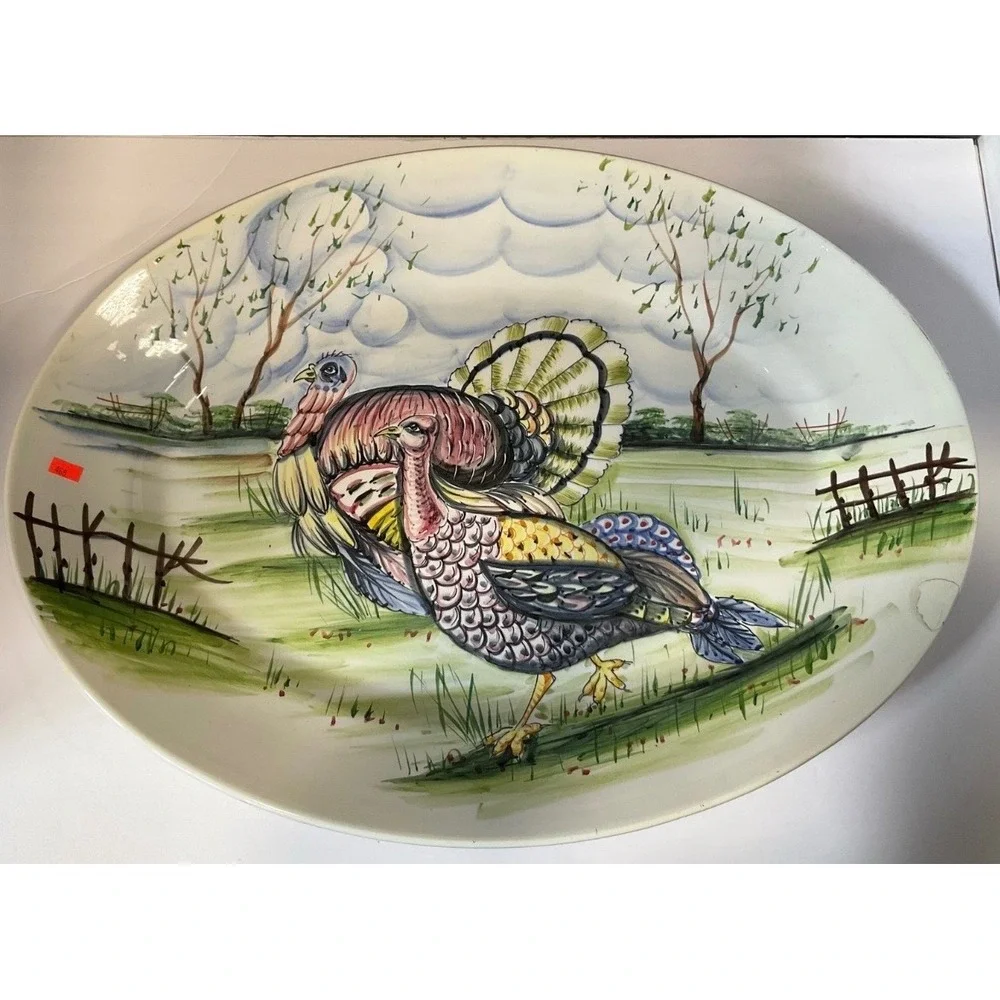 FB Co Italy Hand Painted Turkey Platter Large Oval Thanksgiving Serving Dish
